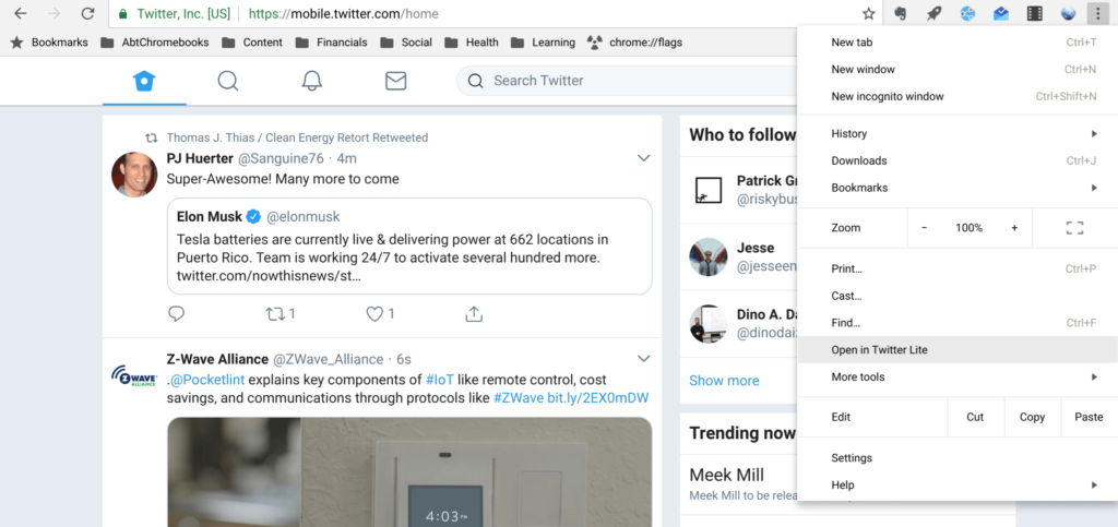 Twitter PWA menu