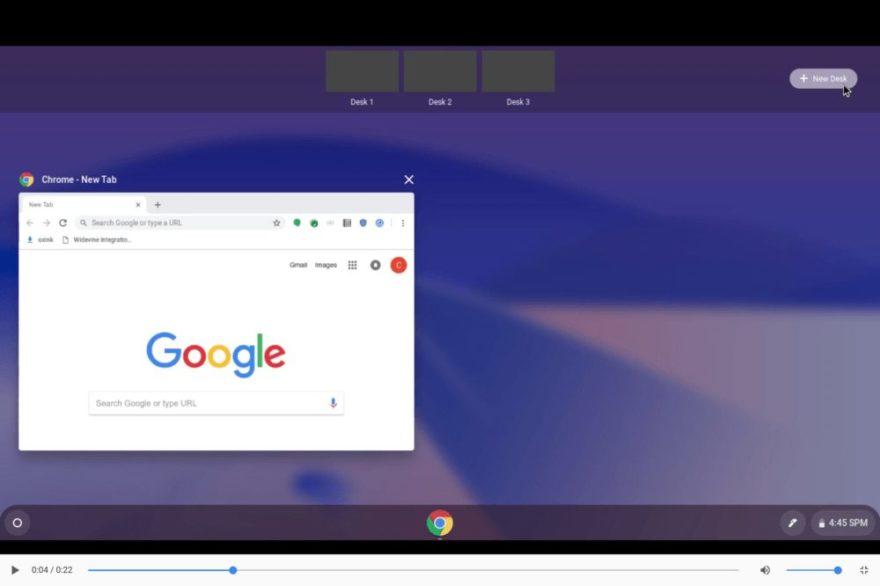 Video look at virtual desk workspaces, possibly for Chrome OS 74