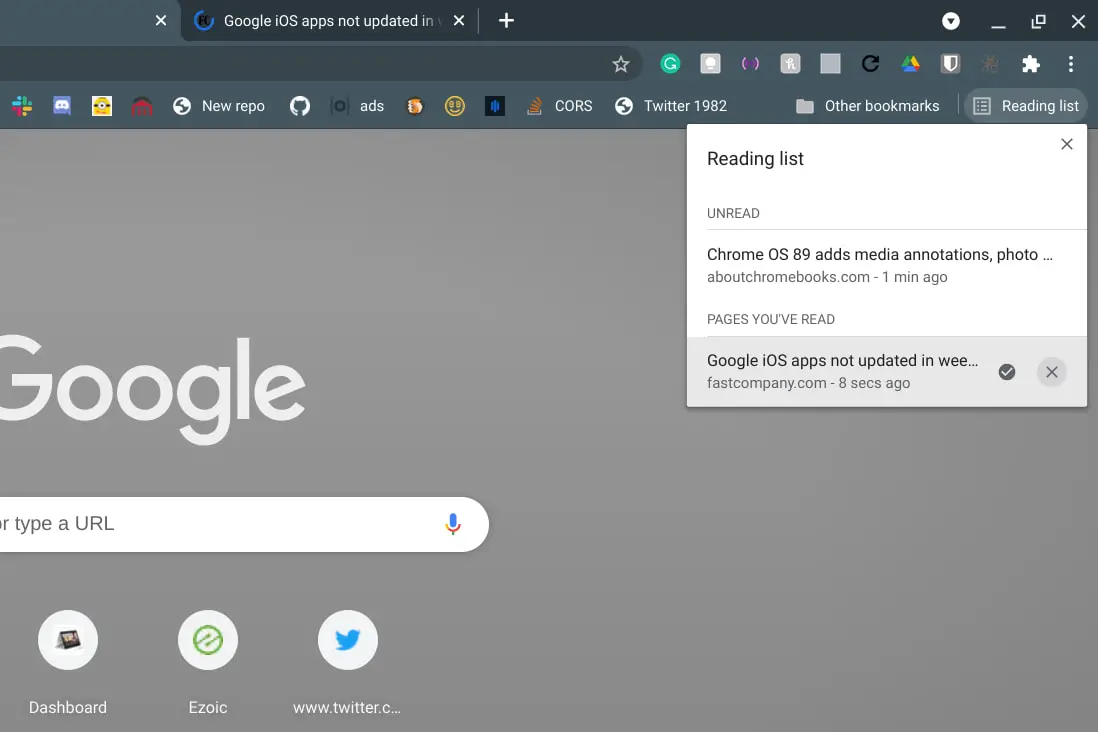 Chromebook Reading List of saved sites is improved in Chrome OS 89