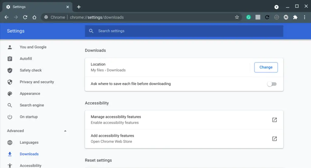 Default download settings in Chrome