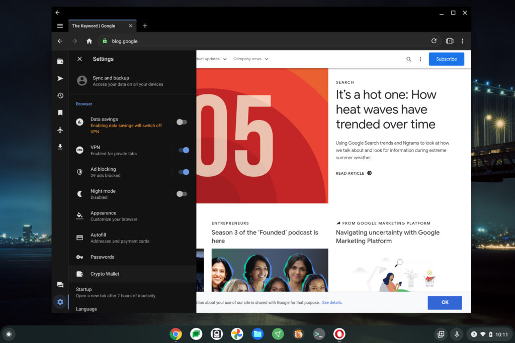 Opera for Chromebooks settings