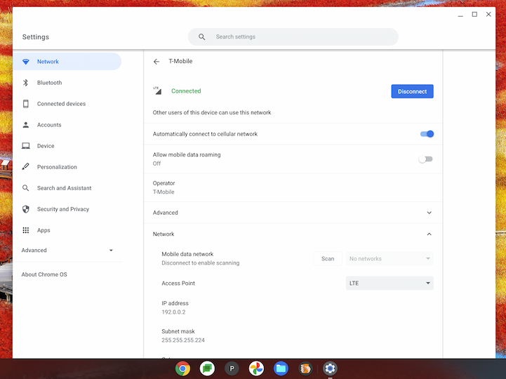 Acer Chromebook Spin 513 LTE network settings