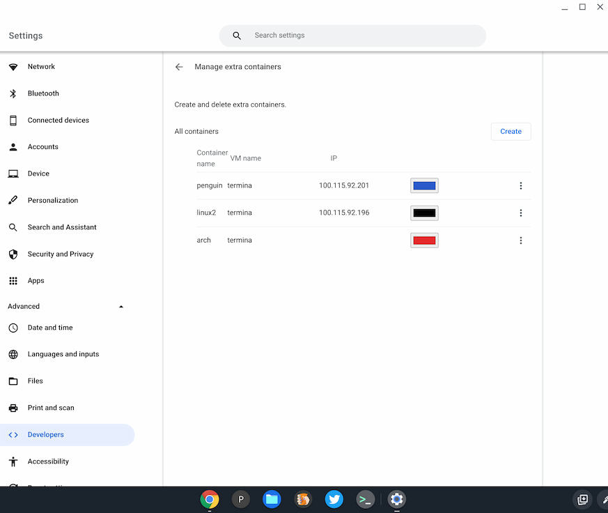 Chrome OS 98 multiple Linux Chromebook containers management