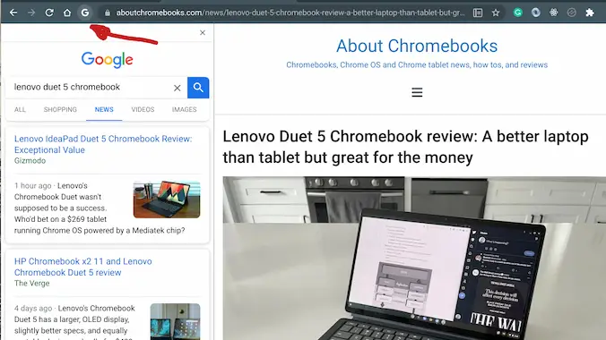 Google side search in Chrome OS 96