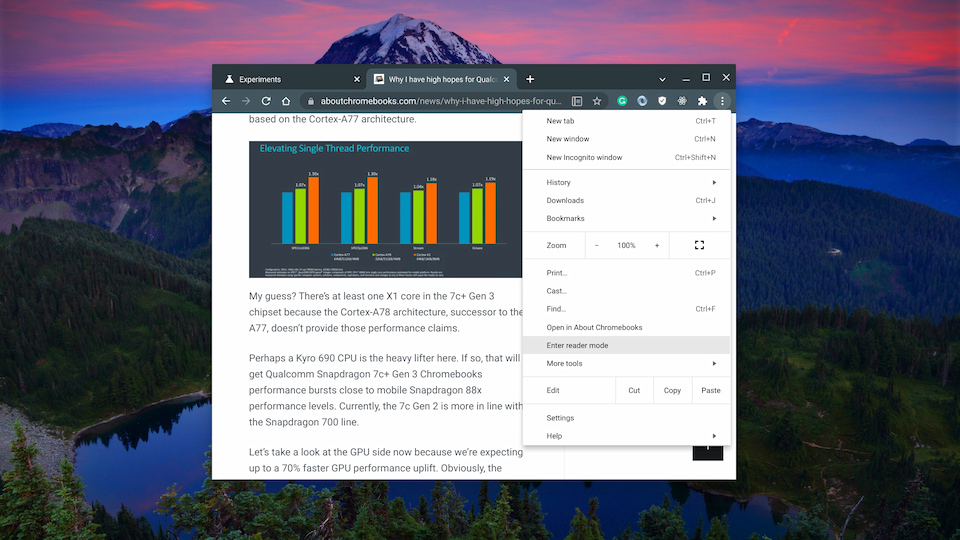 Chrome OS Reader Mode button and menu option