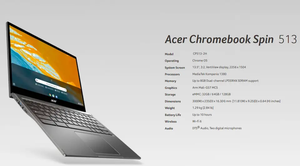 New Acer Chromebook Spin 513 specifications