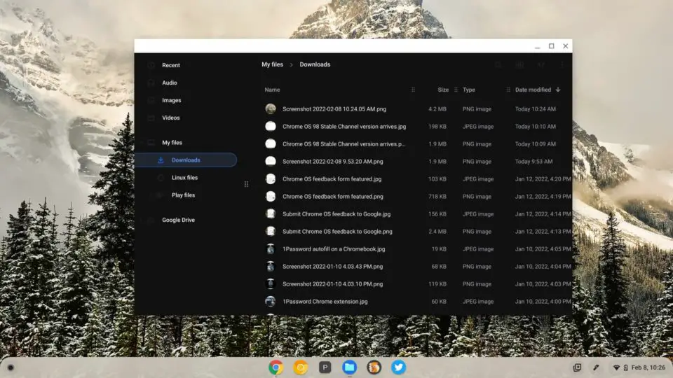 Chrome OS 98 Stable Channel Files dark mode