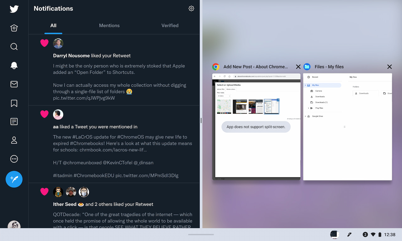 Chrome OS tablet mode split screen