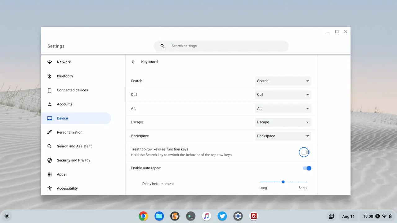 Function key settings on a Chromebook
