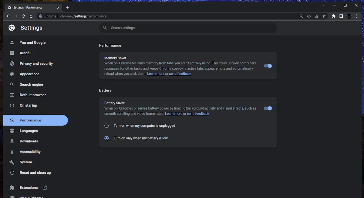 Performance Settings in Chrome