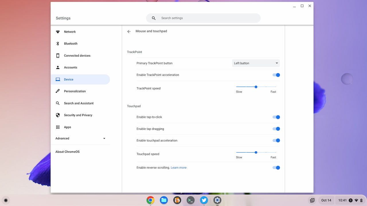 C14 Chromebook trackpad options in ChromeOS