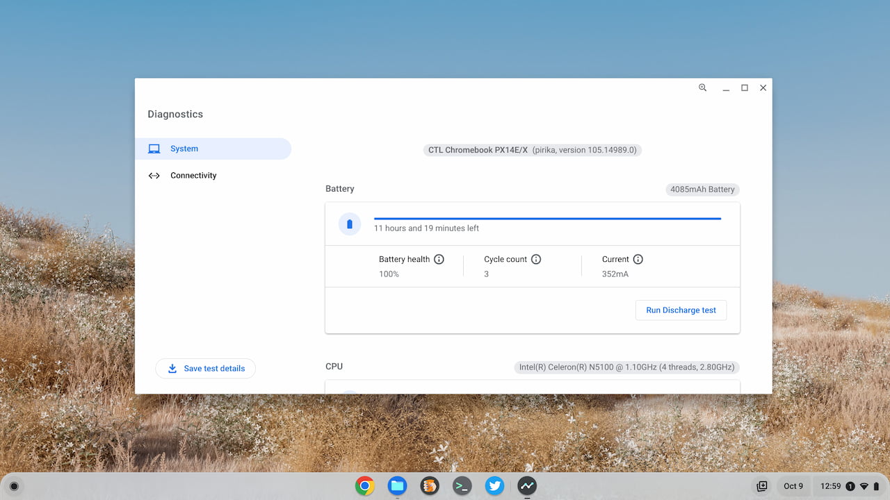 CTL Chromebook PX14EX battery stats