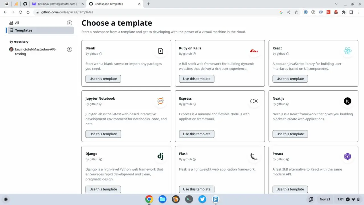 Templates for GitHub Codespaces on a Chromebook