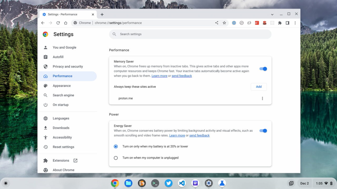 High performance settings on a Chromebook