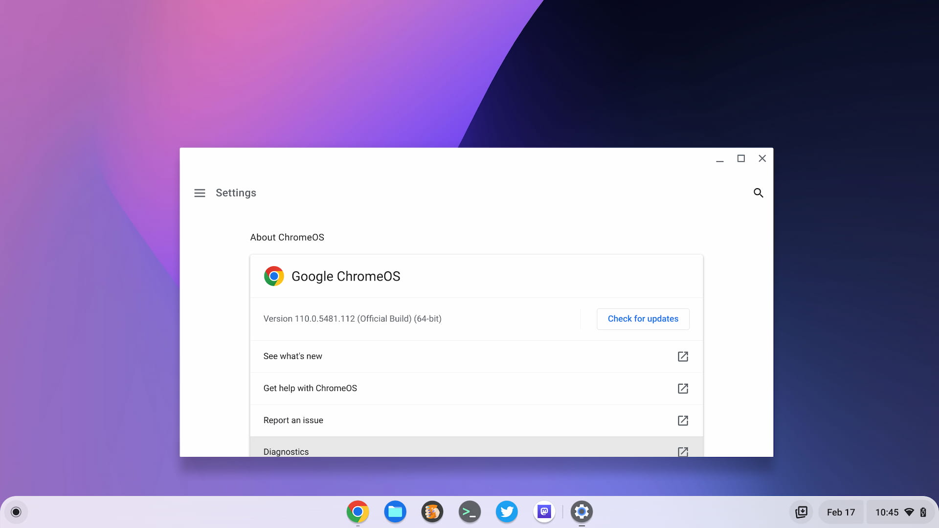 ChromeOS 110 release showing in Chromebook settings