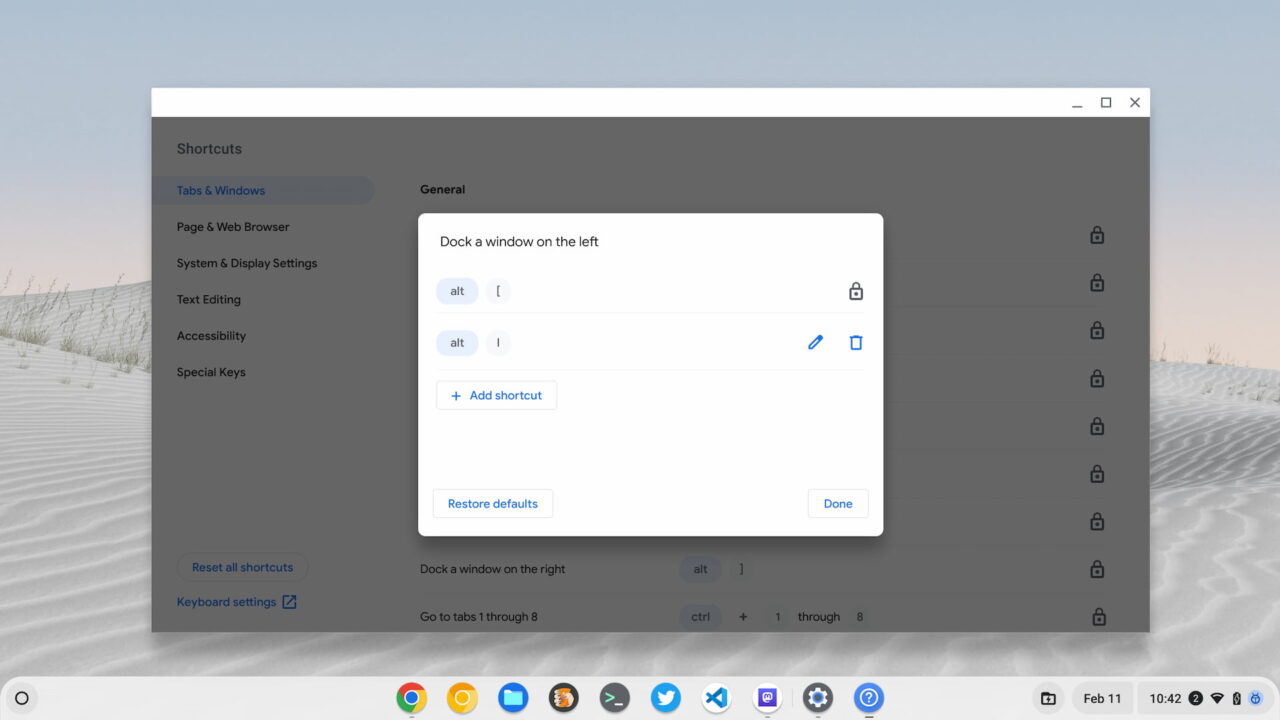 Custom keyboard shortcuts in ChromeOS 111 on a Chromebook