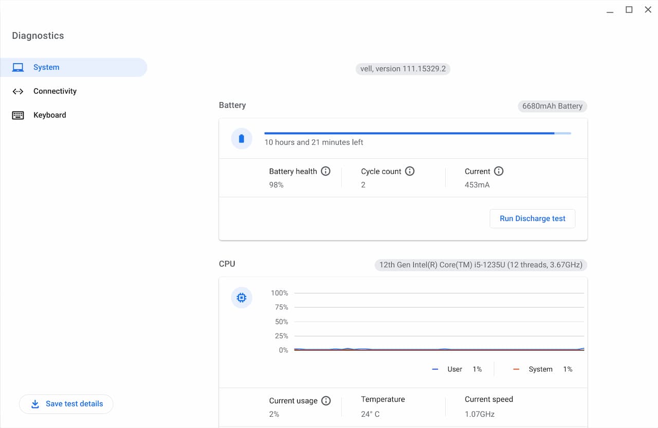 HP Dragonfly Pro Chromebook battery diagnostics at normal display brightness