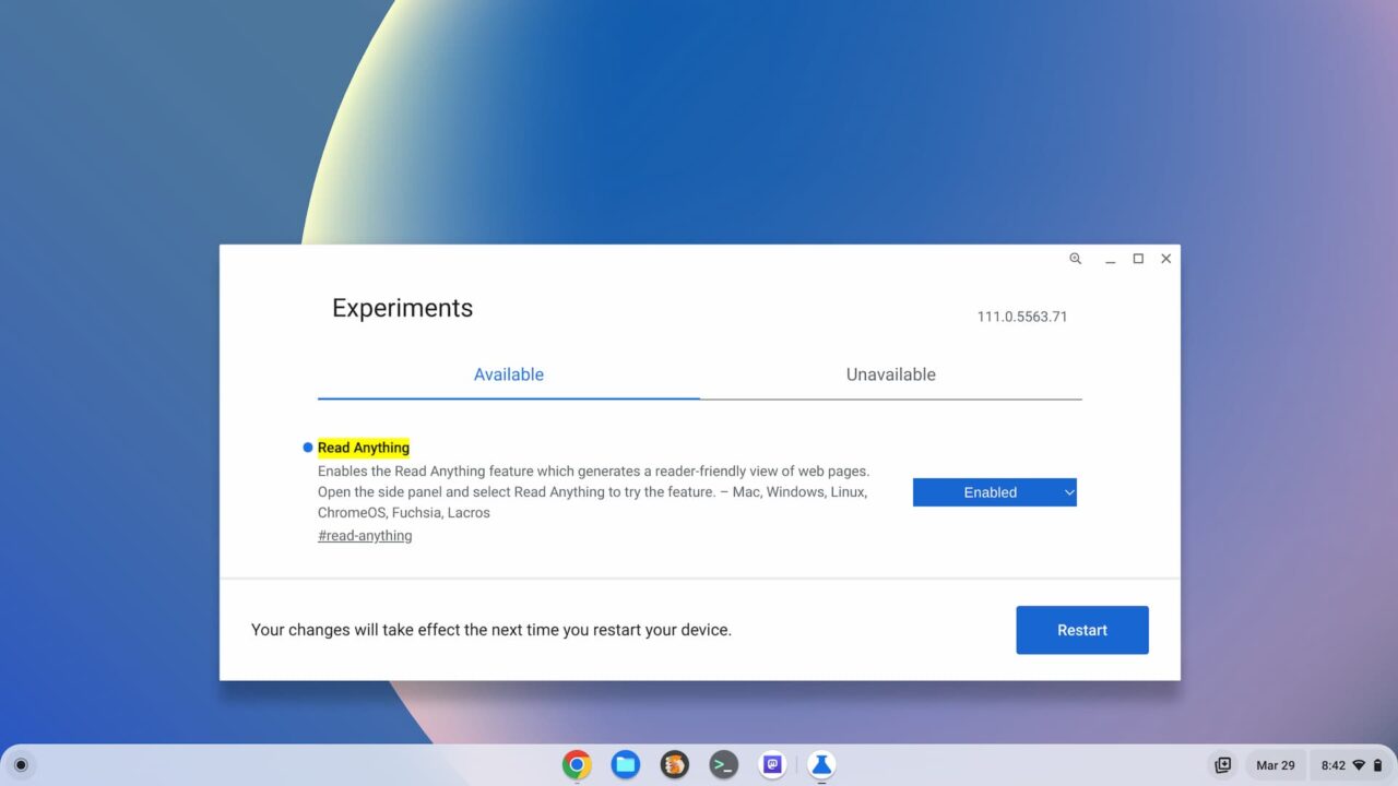 ChromeOS 111 Read Anything reader mode experimental flag