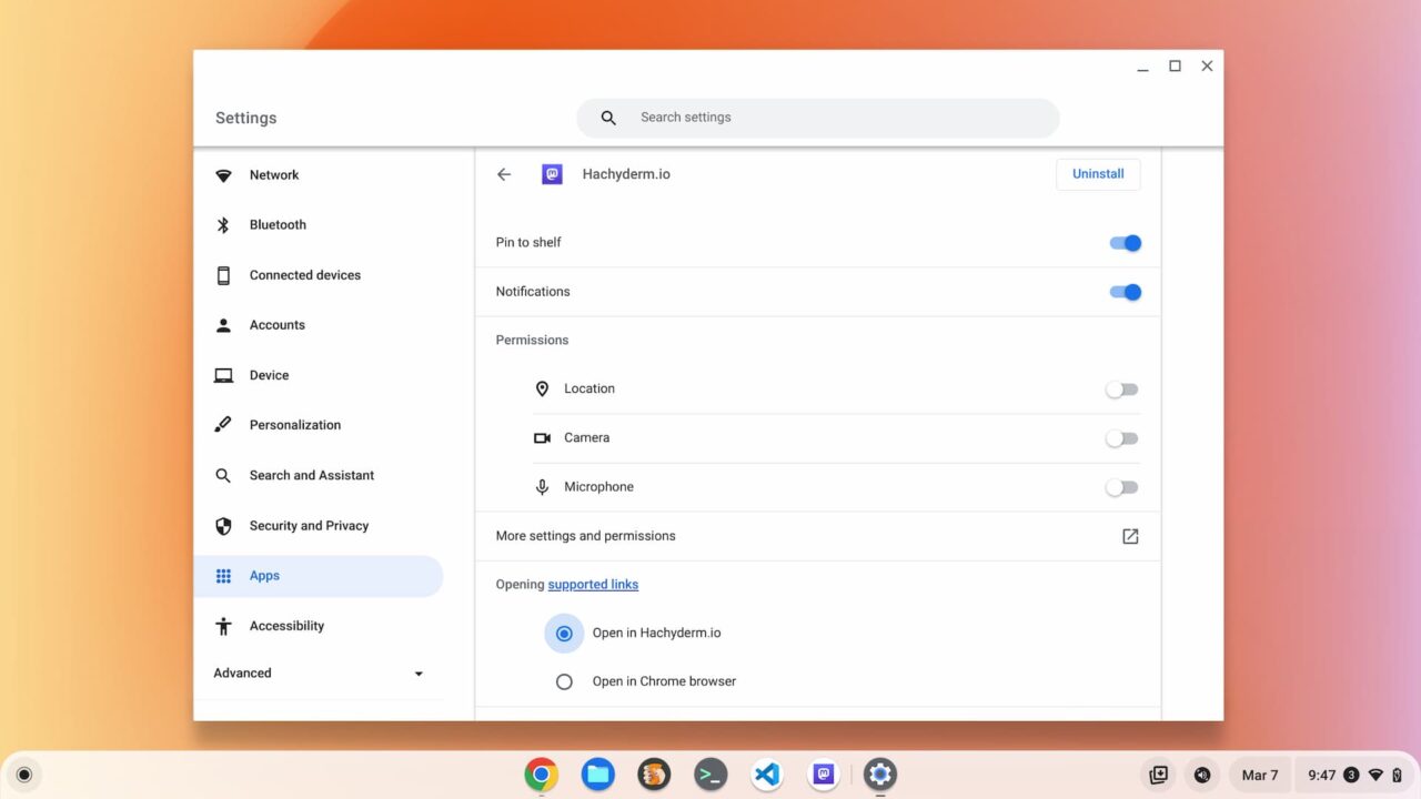 PWA and regular app settings on a Chromebook