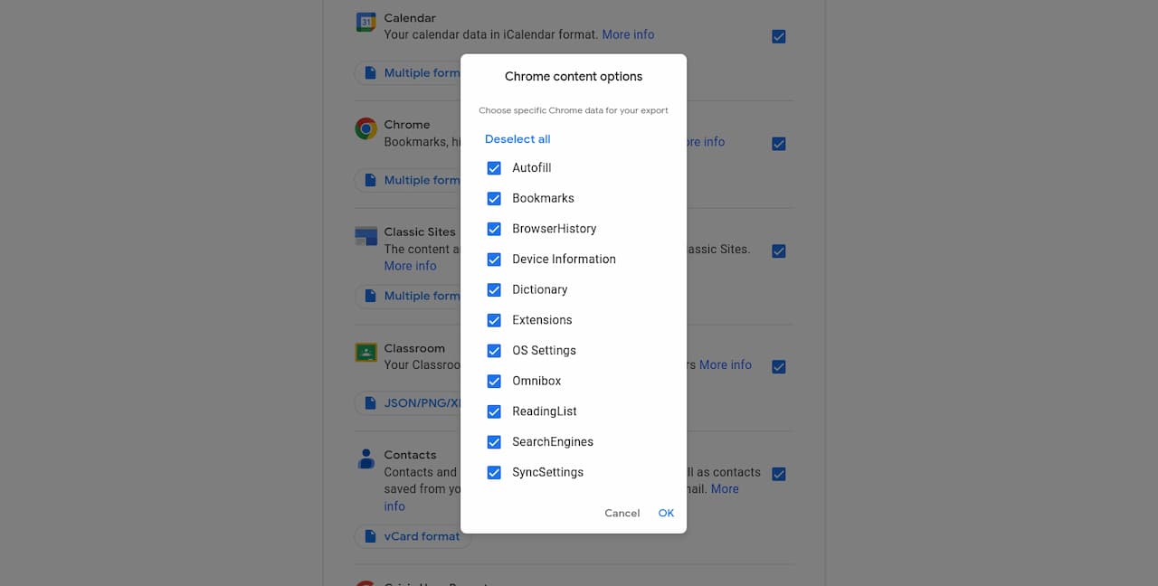 ChromeOS 112 Google Takeout options