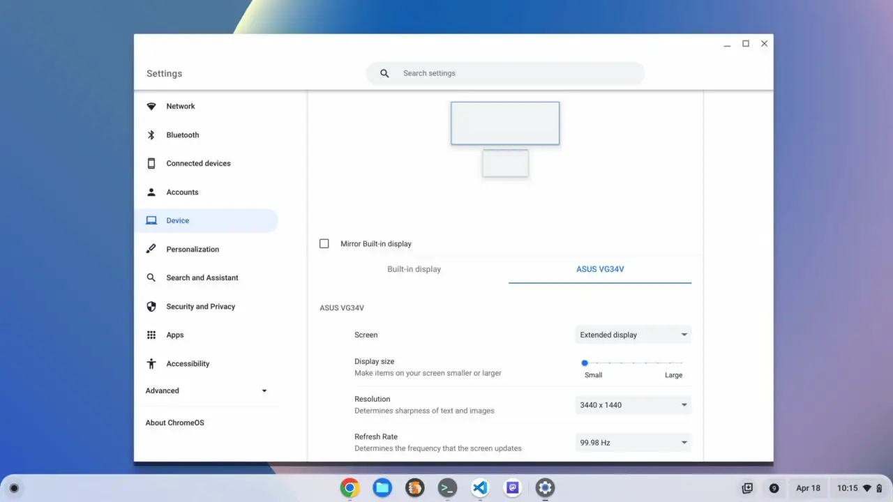 ChromeOS display settings with an ultrawide monitor