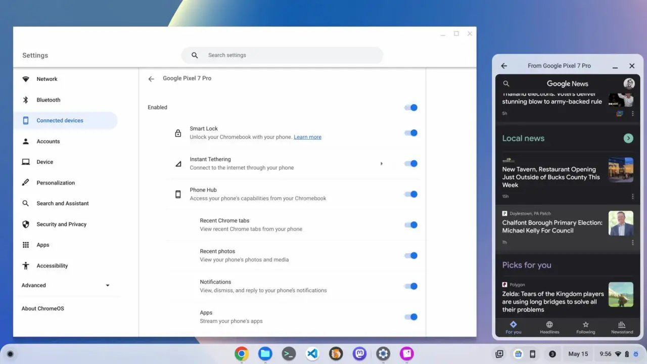Viewing Chromebook settings and the Mastodon Android app streaming