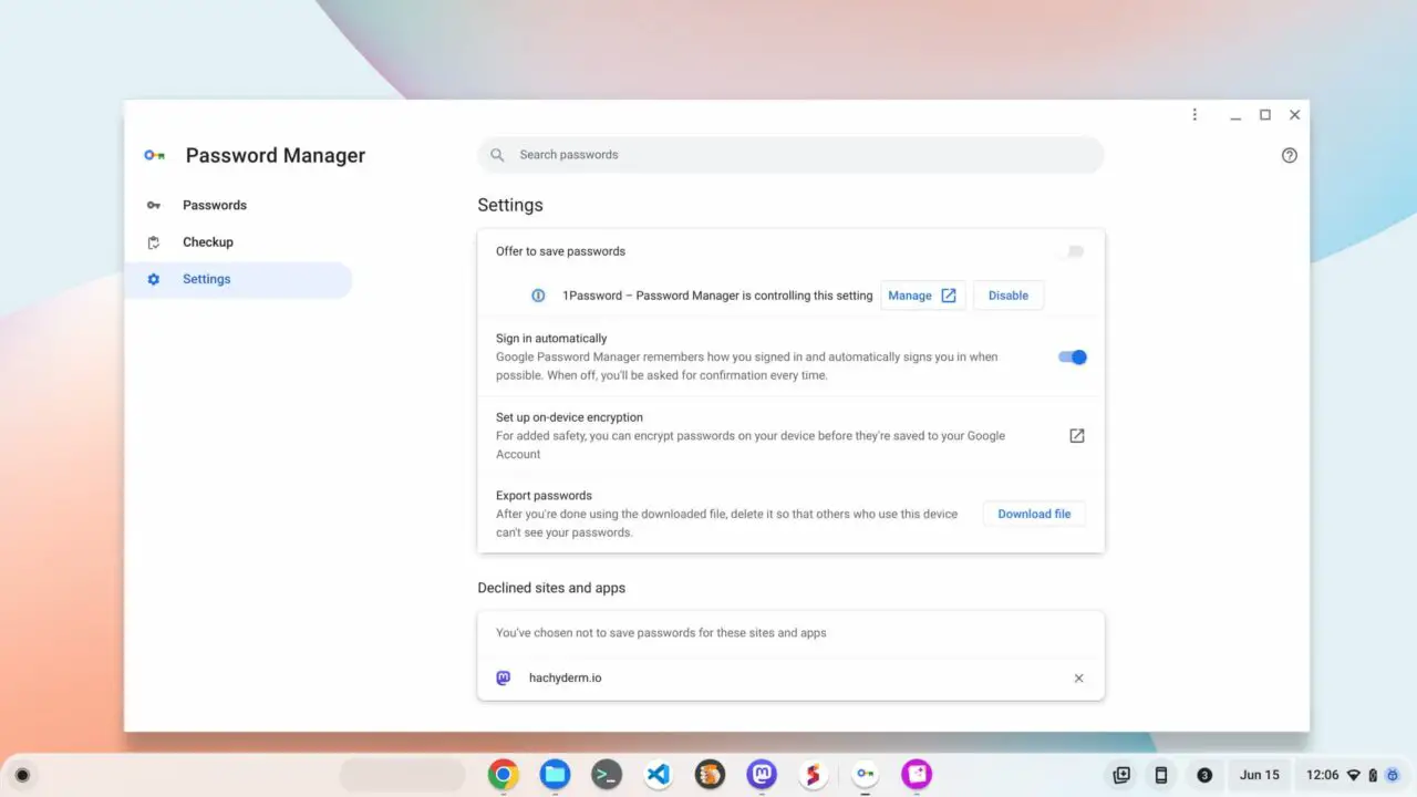 Google Password Manager Chromebook app settings