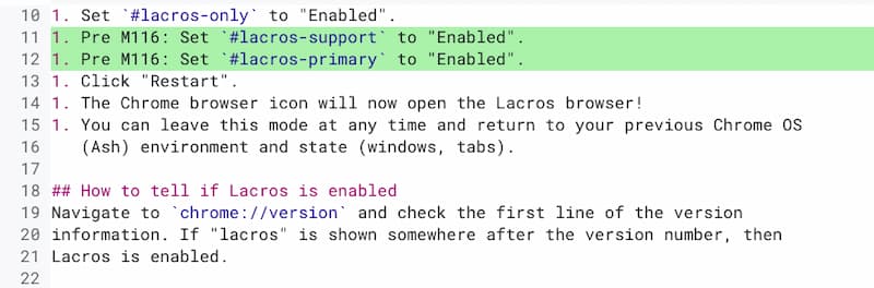 ChromeOS 116 mentioned in the Lacros browser code for Chromebooks