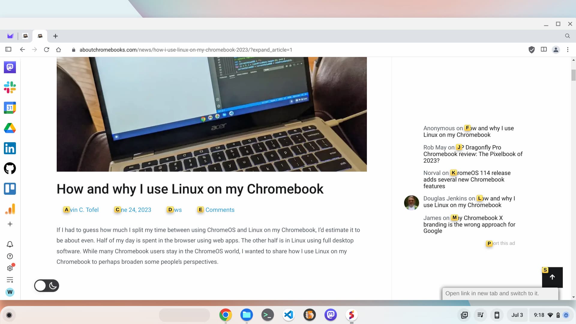 Vimium lets you browse on a Chromebook with just a keyboard