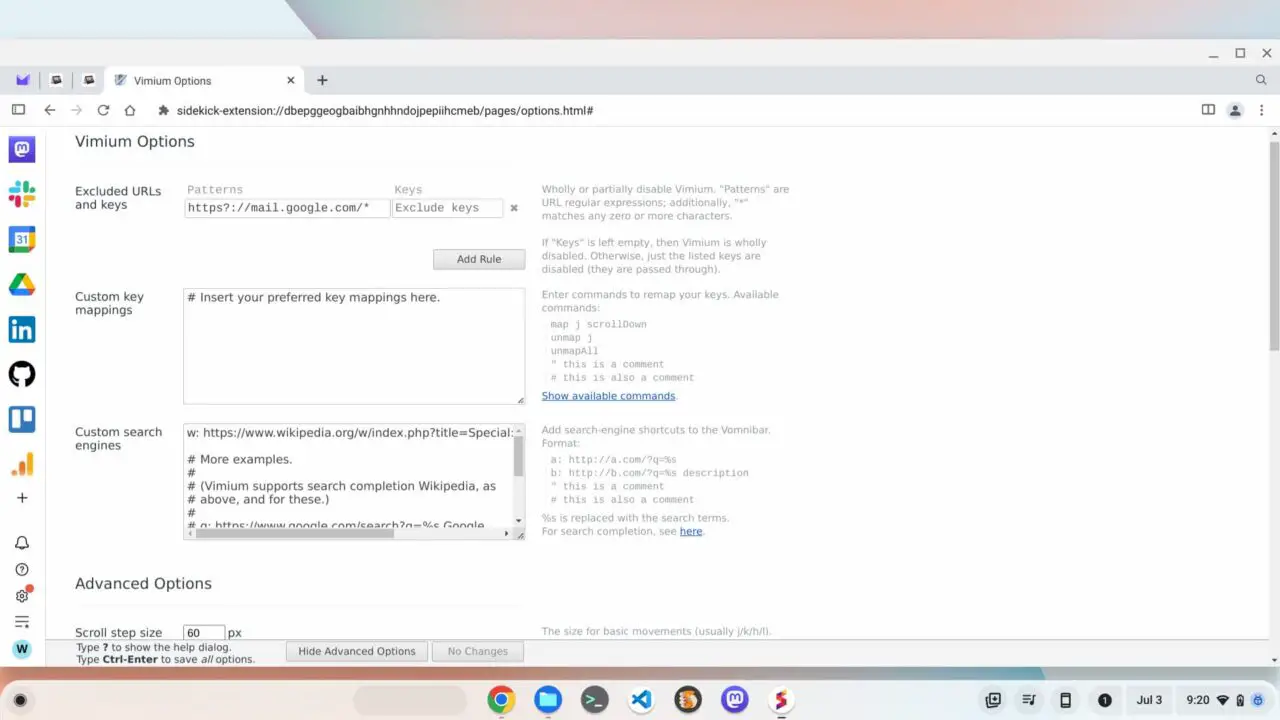 Vimium options to customize how to you browse on a Chromebook with just a keyboard