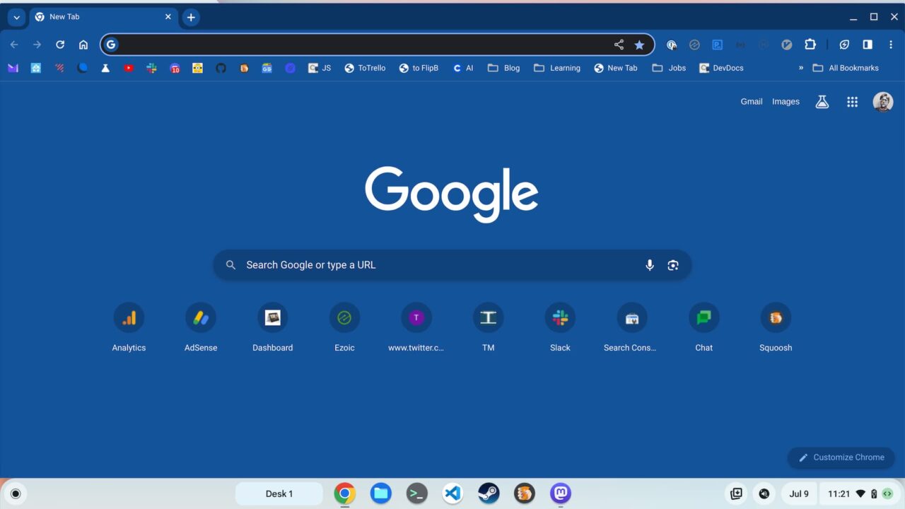 ChromeOS 116 Virtual Desks button shows the name of the current Desk.