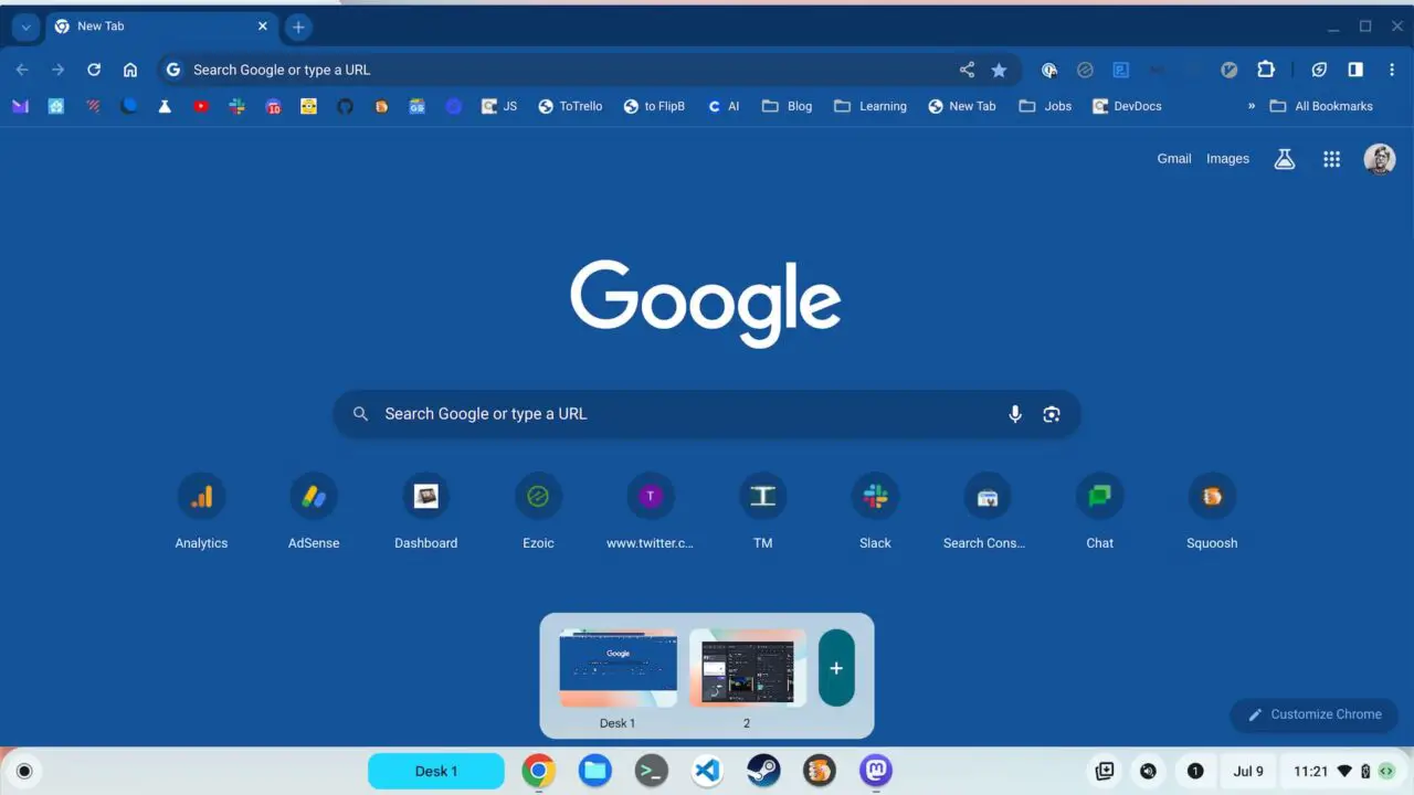 ChromeOS 116 Virtual Desks button shows Desk previews