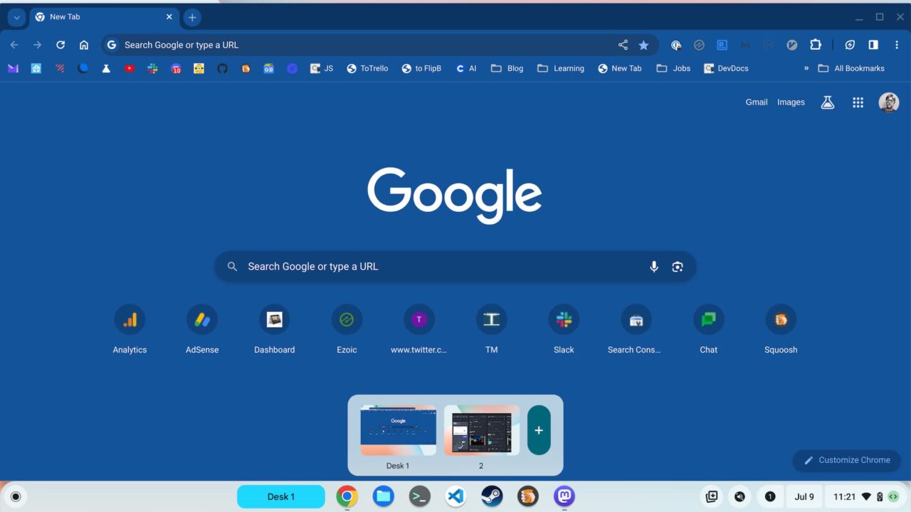 ChromeOS 116 Virtual Desks button shows Desk previews