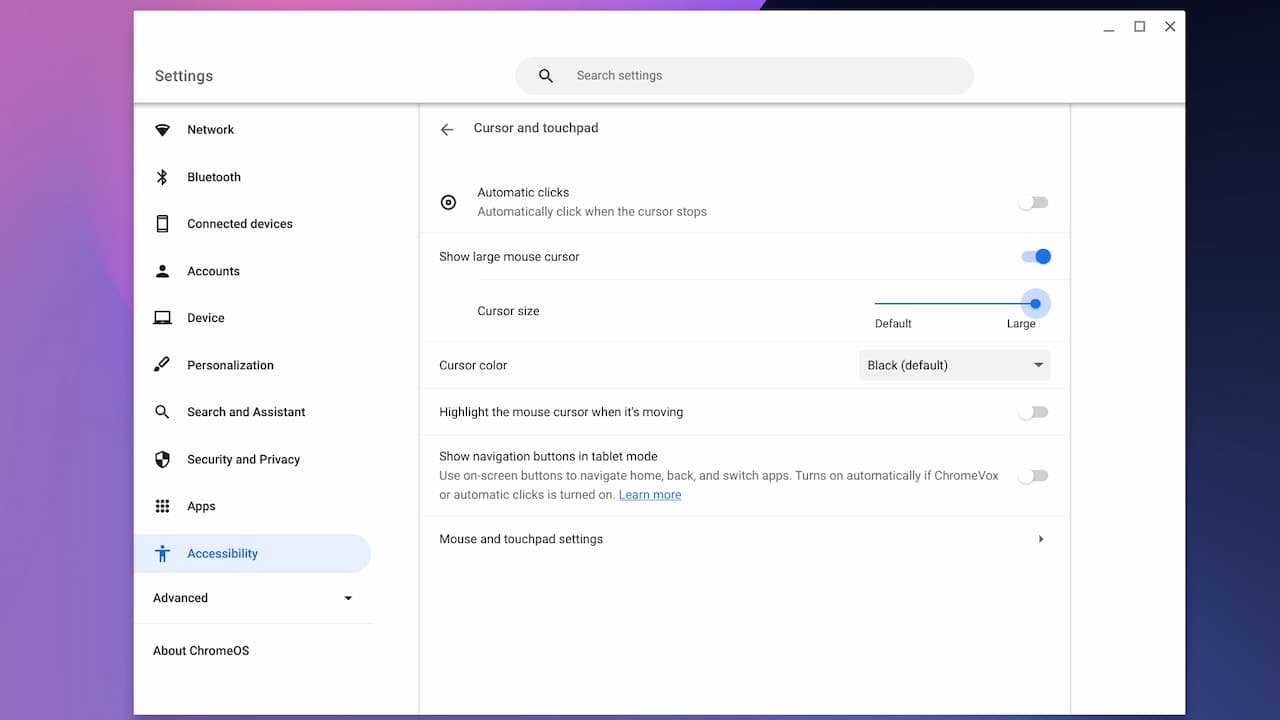 Chromebook cursor settings
