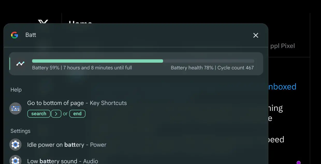 Chromebook diagnostics in the ChromeOS Launcher showing Battery details