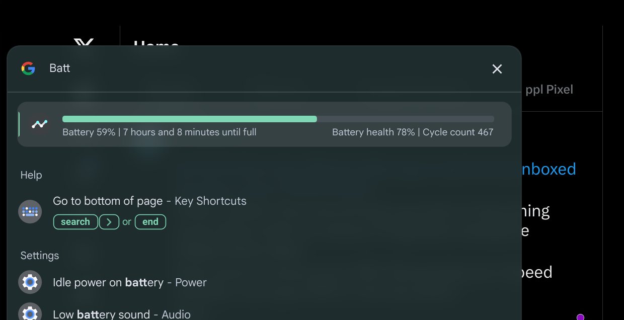 Chromebook diagnostics in the ChromeOS Launcher showing Battery details