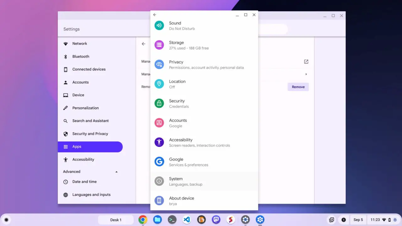 Settings to view the version of Android on a Chromebook