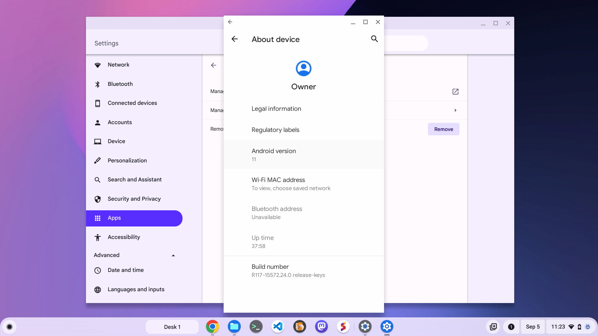 Viewing the version of Android on a Chromebook