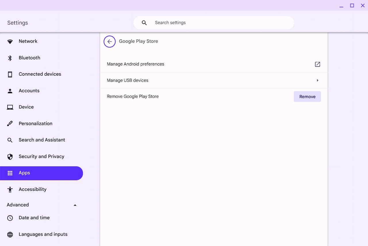 Google Play Store settings on a Chromebook