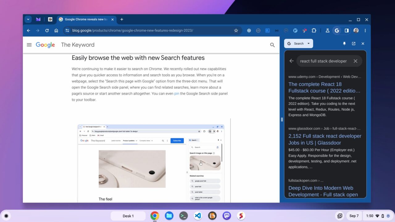 Chrome browser Material You redesign adds a Google Search side panel