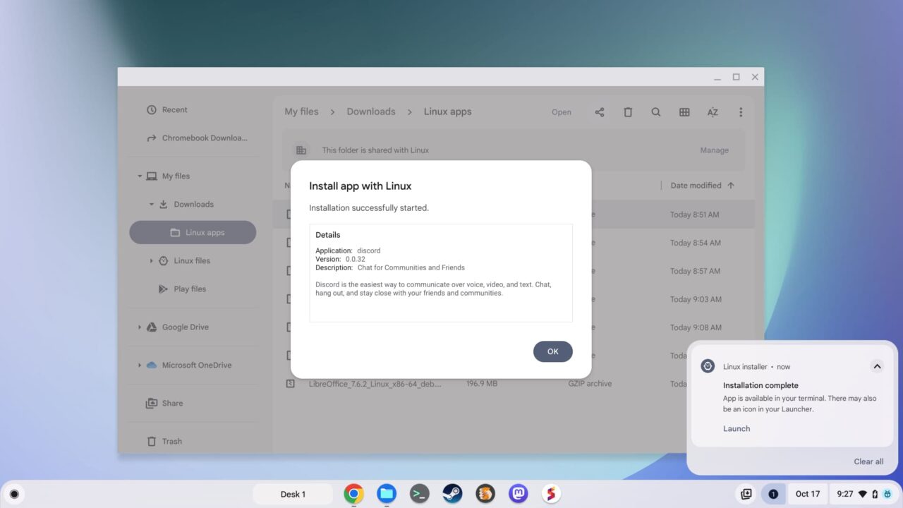 Linux app install on a Chromebook complete