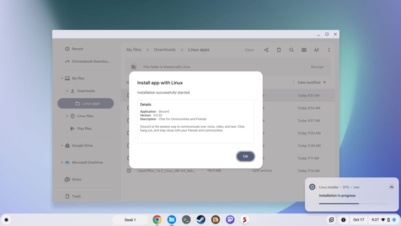 Linux app install on a Chromebook in progress