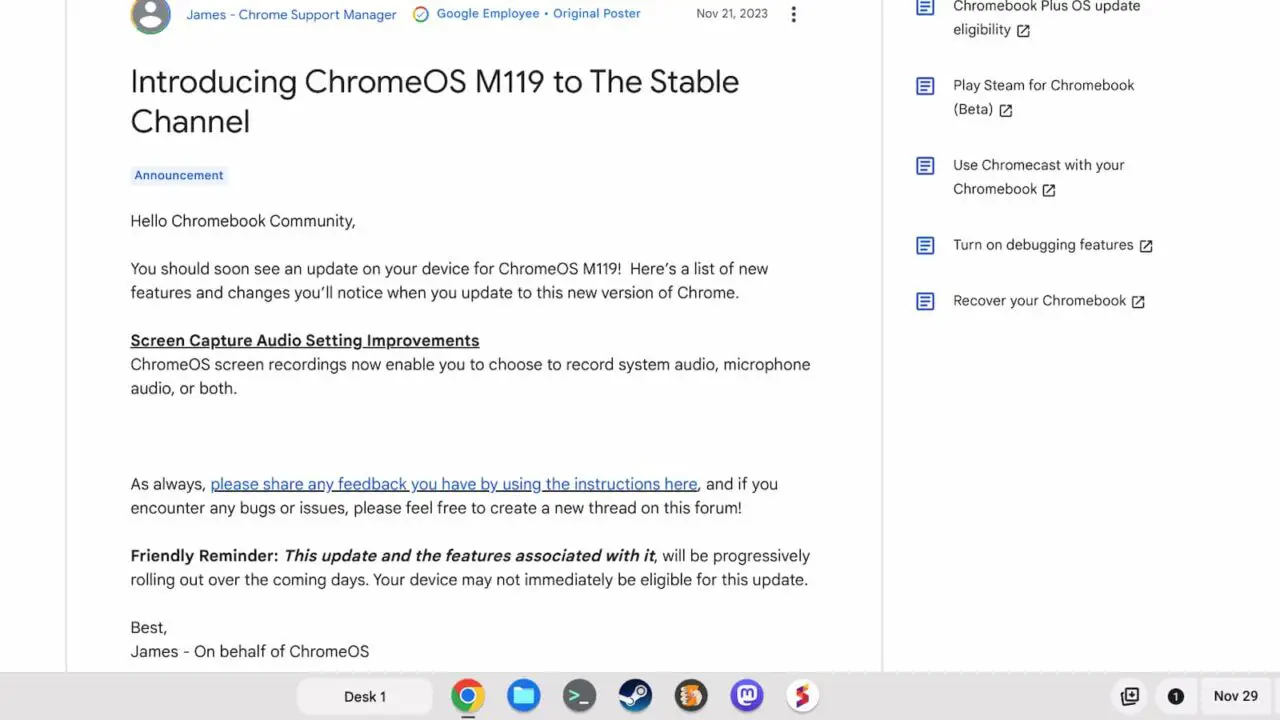 The original ChromeOS 119 release announcement