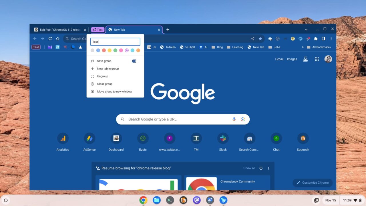 Restoring a tab group on a Chromebook with ChromeOS 119