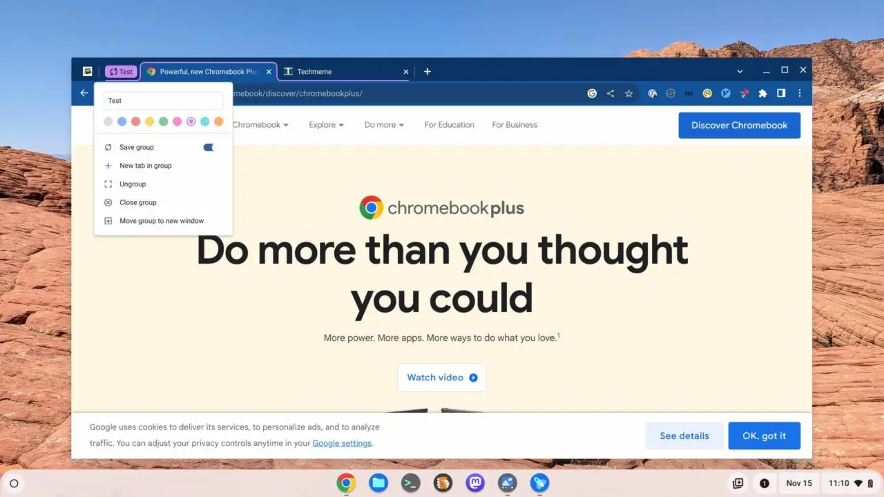 The ChromeOS 119 release adds support for saving, synching and recalling Tab Groups
