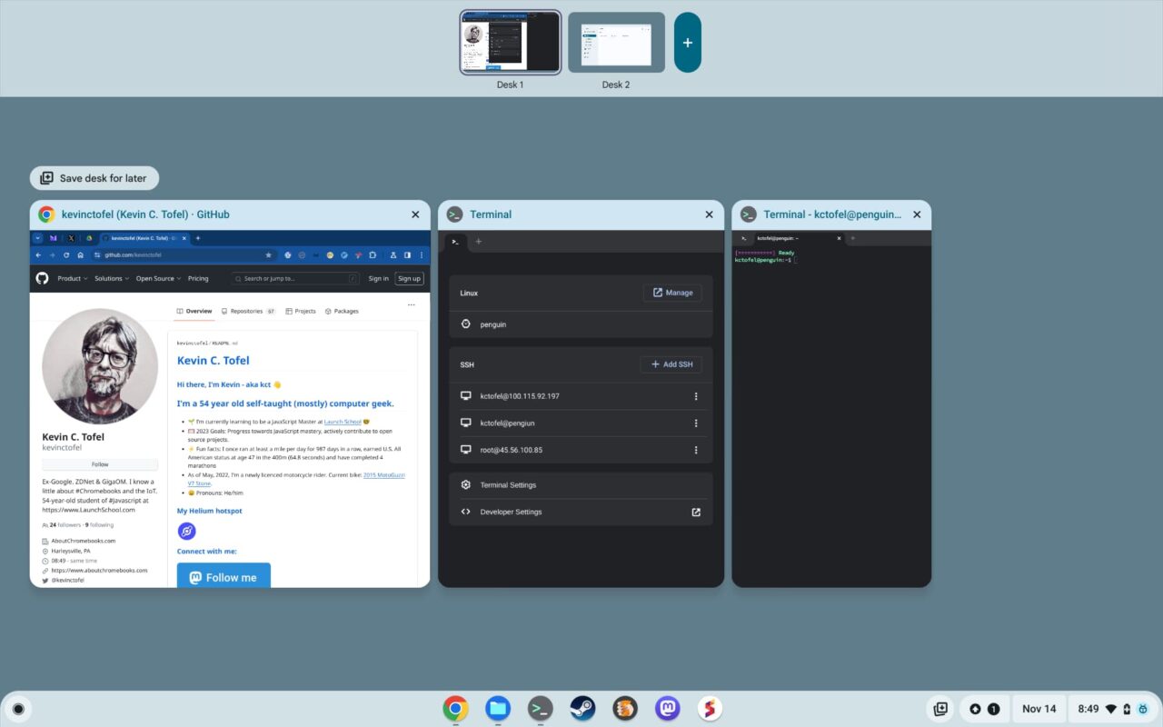 ChromeOS 119 virtual desk overview mode with partial split apps