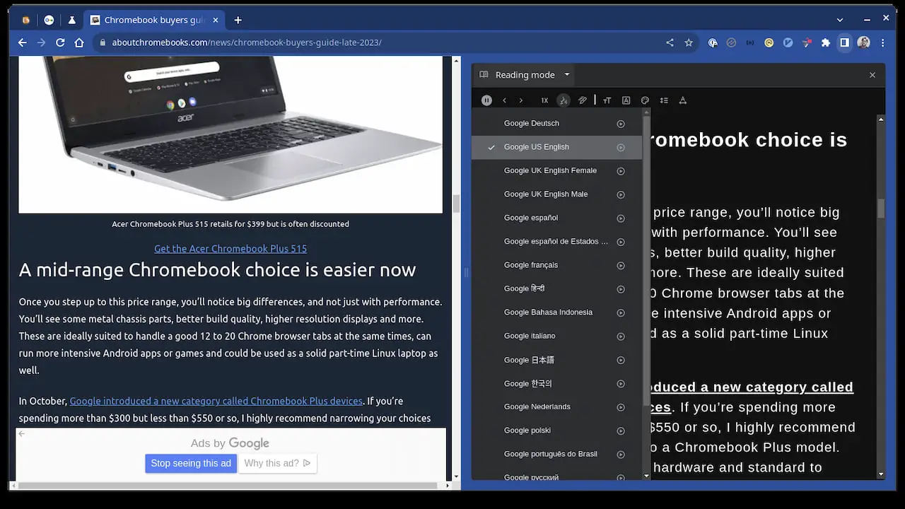 The Google Chrome 120 release adds Read Aloud for the reading mode