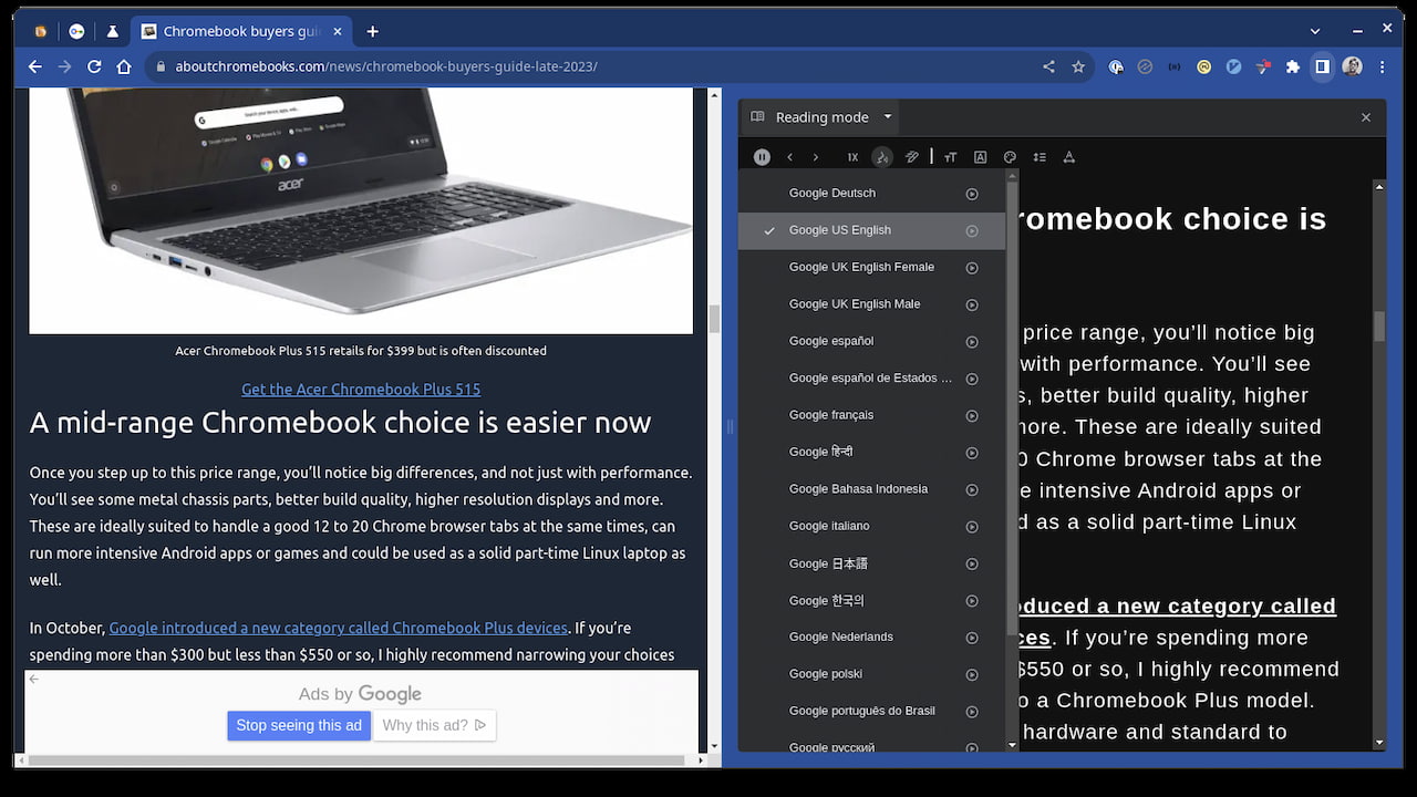 The Google Chrome 120 release adds Read Aloud for the reading mode