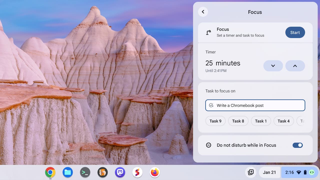 ChromeOS 122 Focus Mode on a Chromebook example