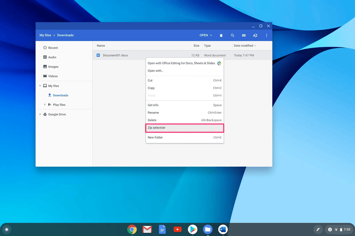 Right-click the selected files and choose Zip selection